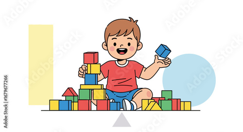 Happy Child Building Tower With Colorful Blocks In Engaging And Playful Scene