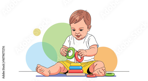 Illustration of a baby playing with a colorful stacking rings toy in a joyful moment