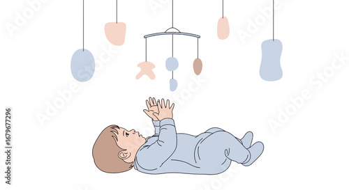 Illustration of a baby playing with a mobile while lying down in a crib simple design