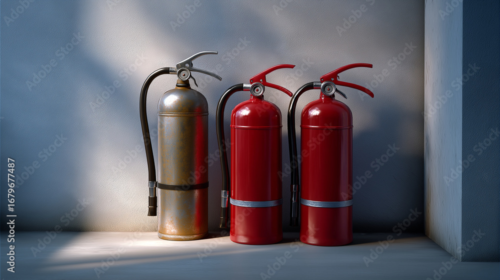 Obraz premium Extinguishers on a wall, the safe scene illuminated by soft light. Extinguishers, hospital, with copy space