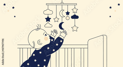 Illustration of a baby reaching for a mobile in a crib with stars and moon elements