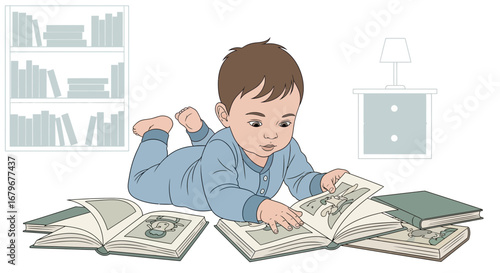 Illustration of a baby reading a book, focusing on early childhood education concept