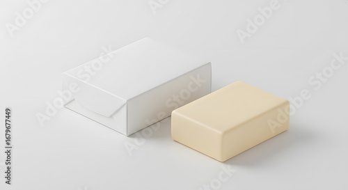 High-resolution stock photo mockup of a plain soap bar package with soap bar outside, blank, no branding, on white background