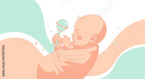 Illustration of a baby sleeping and holding a rattle on a colorful background
