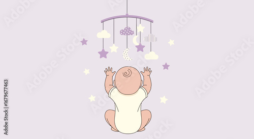 Illustration of a baby reaching for a mobile with stars and clouds, cartoon