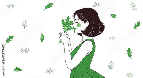 Woman Enjoying The Aroma Of Fresh Herbs In A Serene And Minimalist Illustration