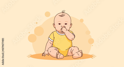 Illustration of a baby sitting and putting a finger in his mouth in a yellow background