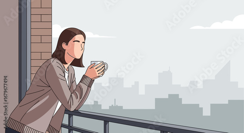 Woman Enjoying The Morning Cityscape While Sipping Tea At Apartment Balcony