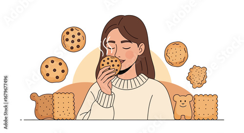 Woman Enjoying The Aroma Of A Fresh Baked Cookie, Warm, Comforting And Delicious.