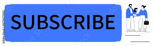 Blue subscribe button alongside businesspeople holding documents and shaking hands. Ideal for newsletter signups, content marketing, partnerships, collaboration, online services, business deals