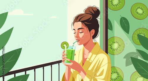 Woman Enjoys a Refreshing Kiwi Smoothie While Relaxing on Balcony in Sunlight