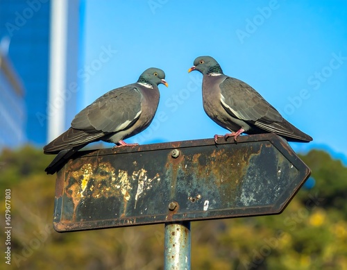 Two pigeons perched on a weathered signpost
