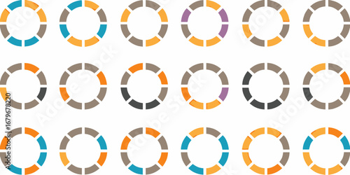 Collection of circular segmented charts with various color combinations for data visualization