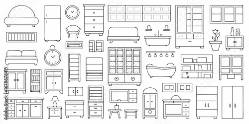 Collection of outline furniture and home decor items for interior design and illustration