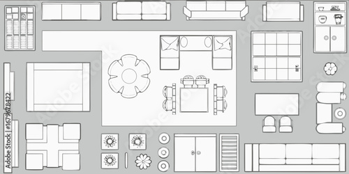 Top view sketch of a modern living room and dining area layout with furniture and decor elements