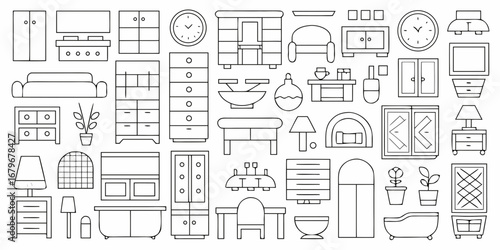 Collection of simple line art icons representing various furniture and home decor items