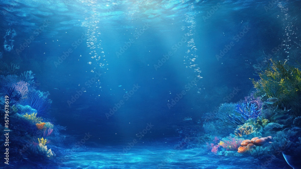 Fototapeta premium Enchanting underwater world with vibrant coral reefs and sunlit bubbles ambiance