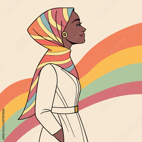 Woman with colorful hijab and sophisticated dress.