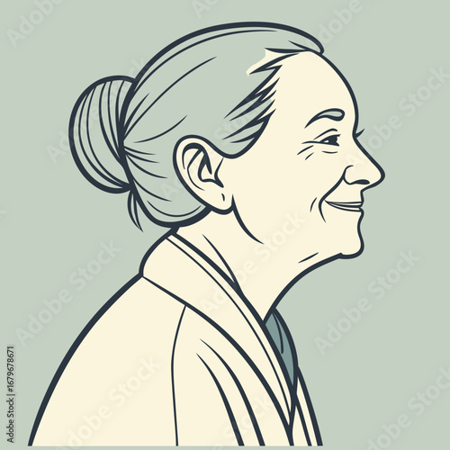Elderly woman with gray hair tied in a ponytail, light blouse.