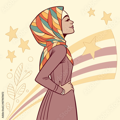 Woman with colorful hijab and sophisticated dress.