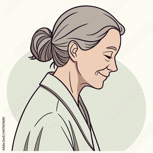 Elderly woman with gray hair tied in a ponytail, light blouse.