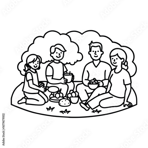 Silhouette of a family enjoying a picnic in the park isolated on a white background