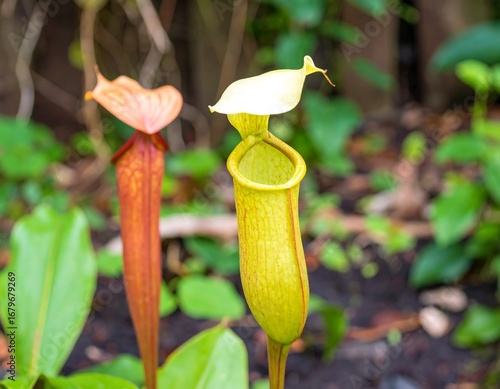 Two pitcher plants in a garden setting