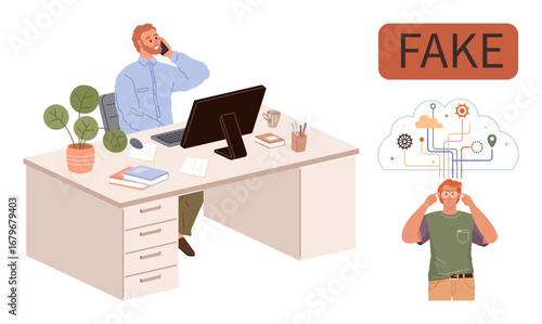 Professional man talking on phone at desk, cloud network with gears, fake content alert. Ideal for misinformation, workplace, communication, technology, trust issues AI simplicity. A simple flat