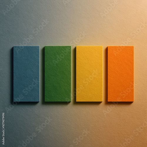 Color Palette Harmony: Four textured rectangular blocks in vibrant hues of blue, green, yellow, and orange, create a visually captivating composition with minimalist design.