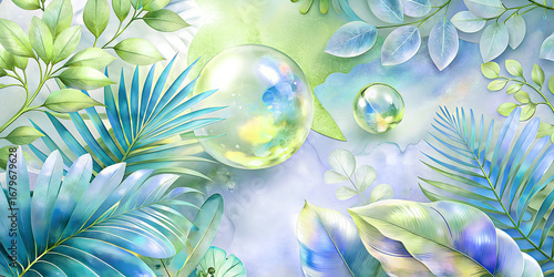 watercolor illustration featuring vibrant tropical leaves in shades of green, blue, accented with iridescent, floating bubbles. magical scene is ideal for tranquil wallpapers, spa wellness