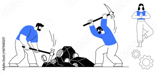 Two men breaking large rocks with a sledgehammer and pickaxe, accompanied by a calm woman in a yoga pose. Ideal for concepts thumbs up teamwork, balance, hard work, mindfulness, fitness, personal