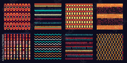 Collection of eight diverse abstract geometric patterns with a tribal and ethnic feel in warm colors