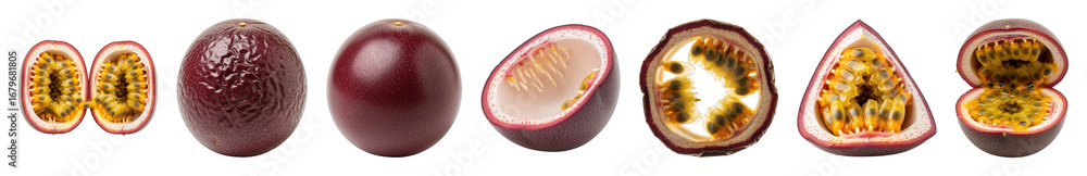 Fototapeta premium Passion fruit set including whole, halved, quartered, and pulp stages isolated. Tropical healthy food collection.