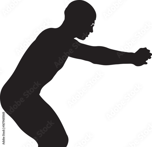 Black silhouette of a male swimmer in starting position ready to dive white sport