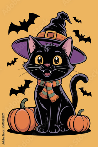 Halloween Black Cat on Pumpkin - Spooky Kitten Illustration