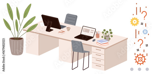 Shared office desk setup with laptops, books, potted plants, office chair, and coffee mug. Ideal for teamwork, productivity, organization, collaboration efficiency workspace design modern work