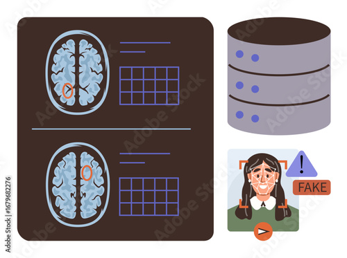 Brain scans with highlighted regions, data grid overlay, server stack, and deepfake warning highlighting AI use. Ideal for AI ethics, cybersecurity, neuroscience, data storage, research healthcare