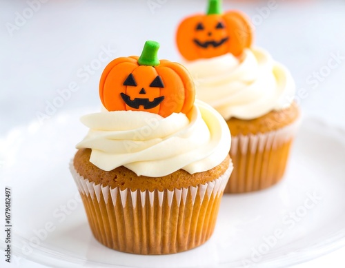 Two pumpkin-shaped Halloween cupcakes