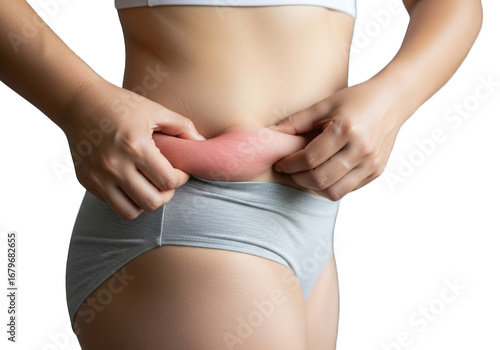 Woman pinching excess body fat on her waistline a common concern for weight management transparent background
