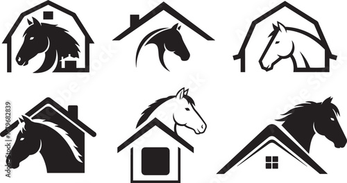 Horse Barn House Logo Set, Farm Stable Animal Silhouette, Ranch Livestock Emblem, Equine Home Symbol Vector Illustration