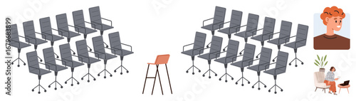 Lone chair in an array of office chairs with digital face icon and remote worker at home. Ideal for themes thumbs up individuality, remote work, leadership, loneliness, digital connectivity