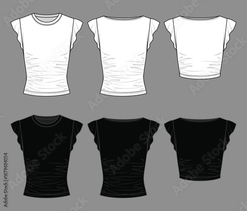 Vector bell short sleeved t shirt fashion CAD, trendy woman crew neck top technical drawing, crop blouse template, flat, sketch. Jersey or woven fabric blouse with front, back view, white black color