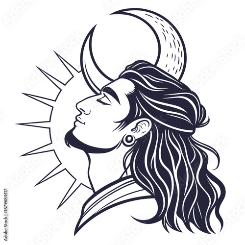 Shiva illustration with crescent moon and mountains.