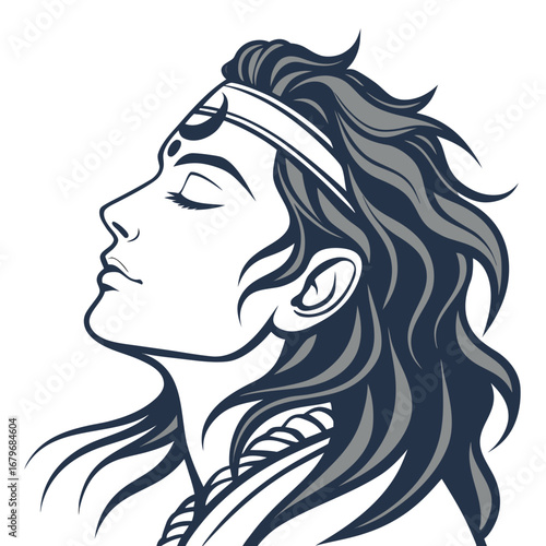 Shiva illustration with crescent moon and mountains.
