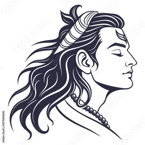Shiva illustration with crescent moon and mountains.
