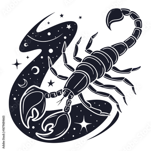 Black and white scorpion illustration.