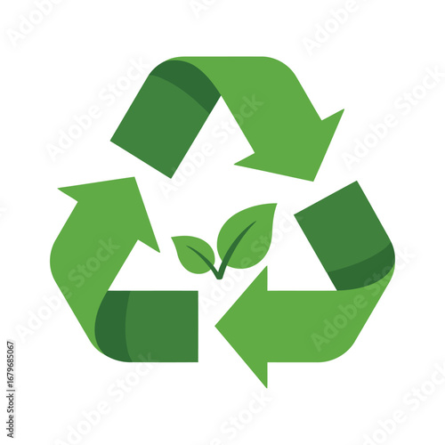Vector art of a green recycling symbol with leaves in the center isolated on white background