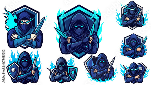 Cyber Ninja Esports Mascot Logo Vector, Hooded Arms Crossed with Dagger, Glowing Cyan Visor, Sharp Hexagon Shield, Blue Flames, Bold Angular Wordmark, Thick Navy/Black Outlines, Minimal Palette (Navy,