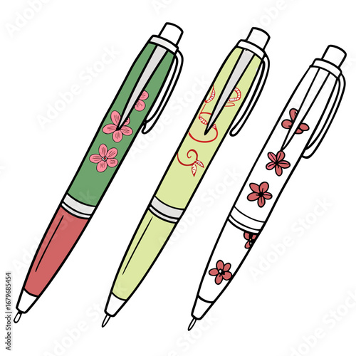 Floral Ballpoint Pens Vector – Decorative Colorful Pens Clipart on Transparent Background