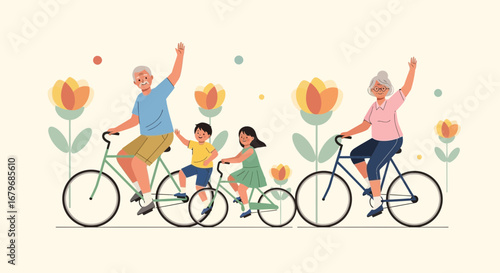 Family Cycling Together Enjoying Outdoors and Cherishing Quality Time Amidst Floral Scenery